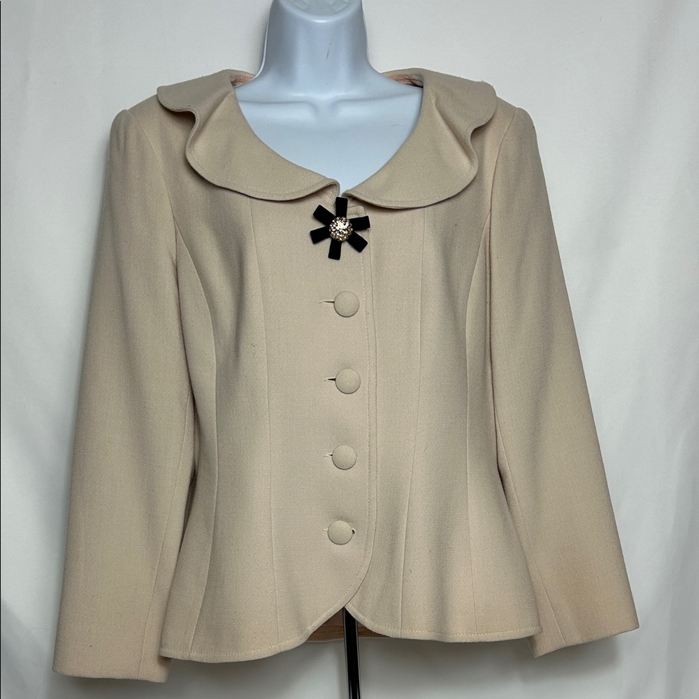 Neiman Marcus Teri Jon Cream Blazer Black Bow Detail Women’s Size 12 Wool Lined